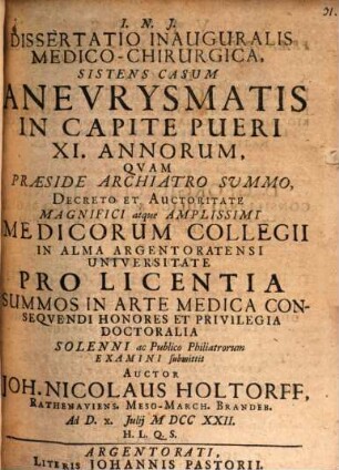 Diss. inaug. ... sistens casum aneurysmatis in capite pueri XI. annorum