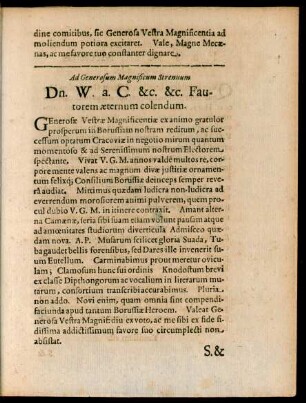 Ad Generosum Magnificum Strenuum Dn. W. a. C. &c. &c. Fautorem aeternum colendum.