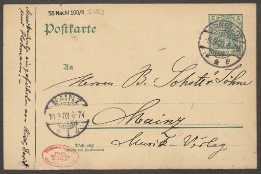 Brief an B. Schott's Söhne : 09.09.1903