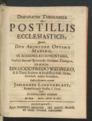 Disputatio Theologica De Postillis Ecclesiasticis
