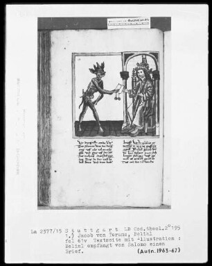 Jacob von Teramo, Belial und Johannes von Mandeville, Reise nach Jerusalem — Jacob von Teramo, Belial — Belial empfängt von Salomon einen Brief, Folio 61verso