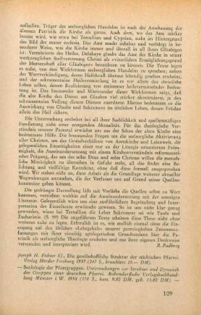 109-112 [Rezension] Fichter, Joseph Henry, Die gesellschaftliche Struktur der staedtischen Pfarrei