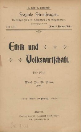 Ethik und Volkswirtschaft : eine Skizze
