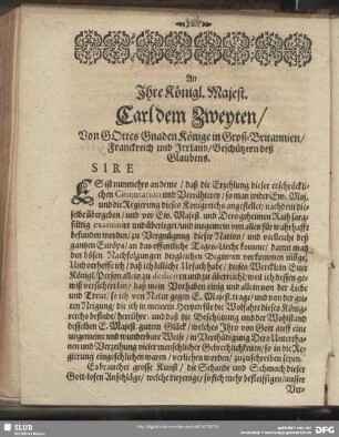 An Ihre Königl. Majest. Carl dem Zweyten, Von GOttes Gnaden Könige in Groß-Britannien, Franckreich und Irrland, Beschützern deß Glaubens