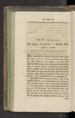 Taf. XV. Fig. 97 u. 98. Die Fang Heuschrecke. --- Mantis Religiofa. Linn.