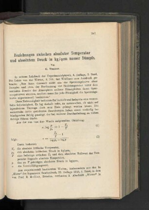 Beziehungen zwischen absoluter Temperatur und absolutem Druck in kg/qcm nasser Dämpfe