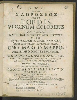 Peri Tēs Chlōrōseōs Seu De Foedis Virginum Coloribus