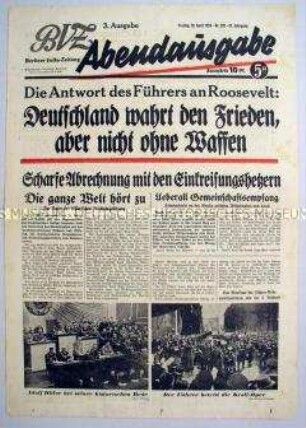 Titelblatt der Abendausgabe der "Berliner Volks-Zeitung" zur Rede Hitlers zu den Zielen der deutschen Außenpolitik
