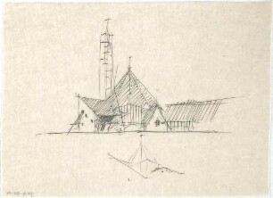 Gsaenger, Gustav; Waldkraiburg, Karlsbader Str.; Ev. Kirche, Pfarrhaus; Umbau und Erweiterung Gemeindehaus; Neubau Kindergarten - Ev. Kirche, Vorstudie (Ansicht)