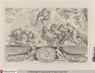 [Pièce avec des ornemens de stuc, où l'on a reprédenté à gauche Castor et Pollux à cheval, allant au galop, et à droite Cibèle et Cérès dans des chars dont l'un est attelé de lions, l'autre traîné par des serpens]