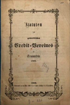 Statuten des gewerblichen Credit-Vereines in Traunstein 1862