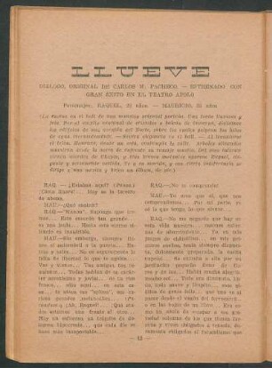 Llueve : Monólogo cómico, original de Carlos M. Pacheco. - Esrenado con gran éxito en el Teatro Apolo