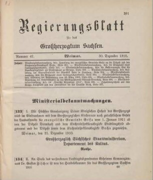 Nr. 134: Ministerialbekanntmachung, betreffend die Ersatzwahl eines Landtagsabgeordneten (Dr. Michael, Weimar)
