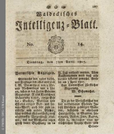 No. 14, Dienstag, den 7ten April 1807
