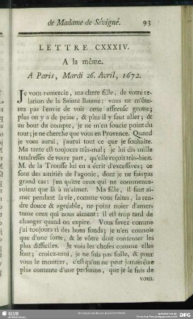 Lettre CXXXIV. A la même. A Paris, Mardi 26. Avril, 1672