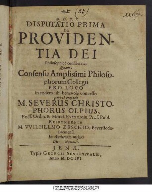 Disputatio Prima De Providentia Dei Philosophice considerata