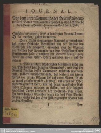 Journal Von dem unter Commando des Herrn Feldzeugmeisters Baron von Loudon stehenden Corps d'Armee de dato Haupt-Quartier Hauptmannsdorf den 8. Julii, 1761
