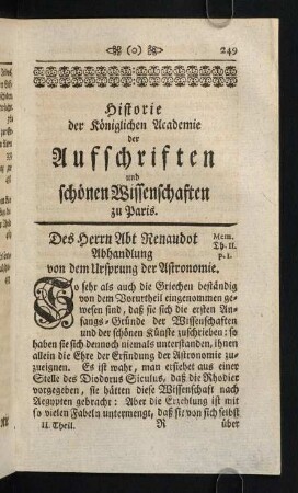 249-288, Des Herrn Abt Renaudot Abhandlung von dem Ursprung der Astronomie.