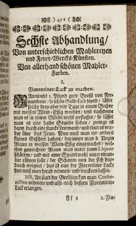 Sechste Abhandlung. Von unterschiedlichen Mahlereyen und Feuer- Wercks- Künsten.