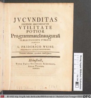 Jvcvnditas Discendi Argvmentvm Vtilitate Potior Programmate Inaugurali Prælectionibvs Pvblicis Prælvsa