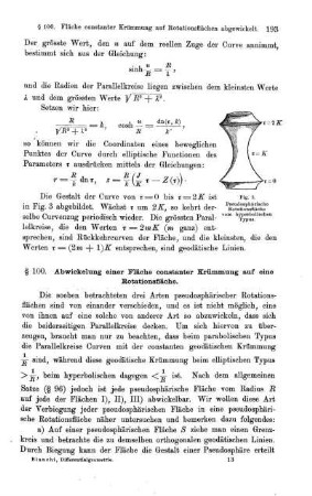 § 100. Abwickelbarkeit einer Fläche constanter Krümmung auf eine Rotationsfläche.