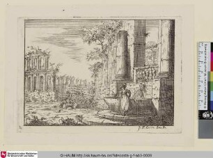 [Antike Ruine: Eine Frau an einem antiken Brunnen; im Hintergrund Teile eines Amphitheaters]