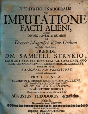 Disputatio Inauguralis De Imputatione Facti Alieni
