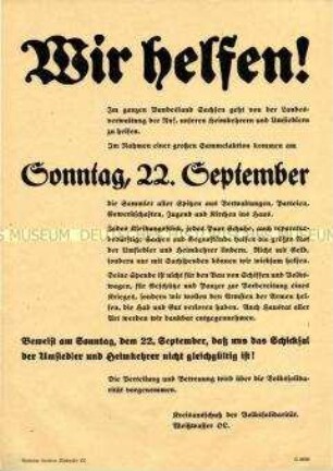 Aufruf des Kreisausschusses Weißwasser der Volkssolidarität zu einer Sachspenden-Sammlung für Heimkehrer und Umsiedler