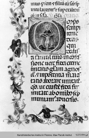 Missale Romanum : Textseite mit Randseitenbordüre und historisierter Initiale O: Gnadenstuhl