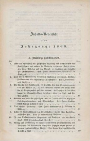 Inhalts-Uebersicht zu dem Jahrgange 1869