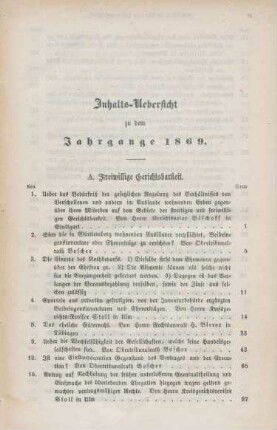 Inhalts-Uebersicht zu dem Jahrgange 1869