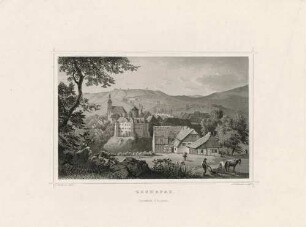 Stadtansicht von Zschopau in Sachsen, Blick von Süden über das Zschopautal auf Schloss Wildeck und Stadtkirche, aus Rohbocks und Koehlers Königreich Sachsen, Thüringen und Anhalt von 1862