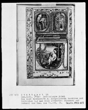 Lateinische Bibel, drei Bände — Titelblatt mit aufgeklebten Bordüren und Initialen, Folio IIIverso