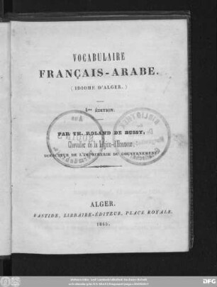 Vocabulaire Francais-Arabe : (idiome d'Alger)