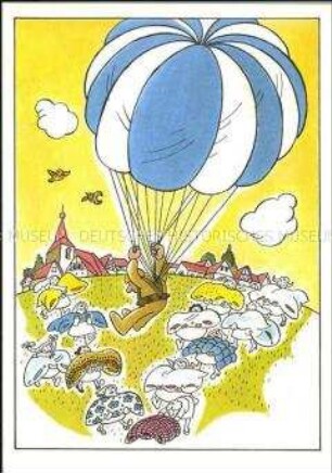 Humoristische Postkartenserie mit NVA-Motiven, Fallschirmspringer