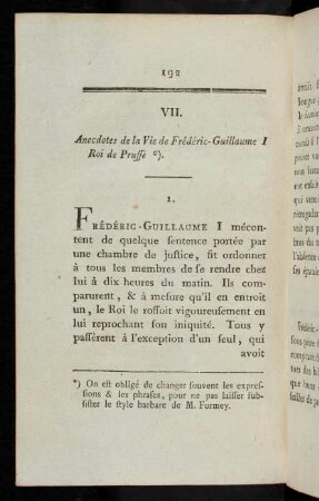 VII. Anecdotes de la vie de Frédéric-Guillaume I. Roi de Prusse