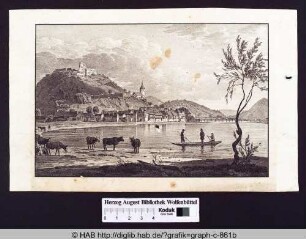 Die Stadt Bingen; drei Männer in einem Boot und Rinder am Ufer des Rheins