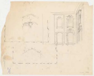 Thiersch, Friedrich von; München; Justizpalast - Fensterüberdachung (Teilgrundriss, Teilansichten, Perspektive)