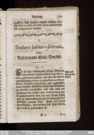 I. Tinctura salina resolvens, oder; Resolvirende Salz-Tinctur.