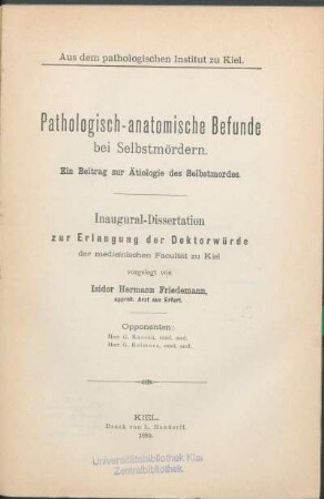 Pathologisch-anatomische Befunde bei Selbstmördern : ein Beitrag zur Ätiologie des Selbstmordes