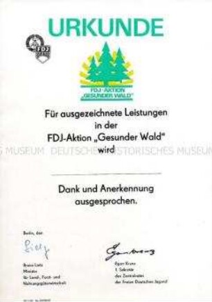 Urkunde "Für ausgezeichnete Leistungen in der FDJ-Aktion 'Gesunder Wald'" (blanko)