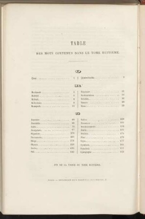 Table des mots contenus dans le tome huitième.