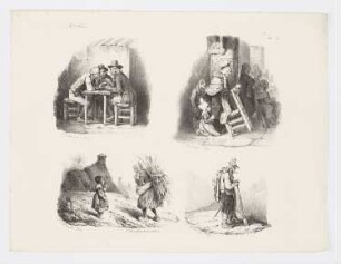 Skizzenblatt mit drei Trinkern; Gebet in der Kirche; Heuernte; Mann mit Gewehr, Blatt 11 der Folge "Deuxième série de croquis"