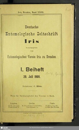1.1909: Deutsche entomologische Zeitschrift "Iris"