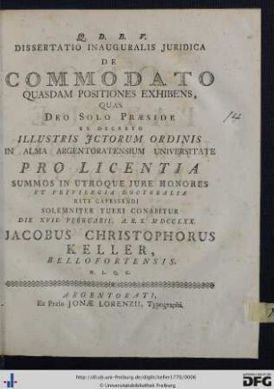Dissertatio Inauguralis Juridica De Commodato Quasdam Positiones Exhibens