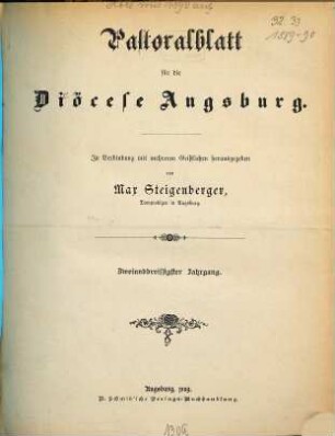 Pastoralblatt für die Diözese Augsburg. 32. 1889