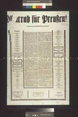 Maueranschlag: Hurrah für Preußen; Flugschrift von Herrmann Goedsche zum Huldigungserlass; Berlin, 30. Juli 1848