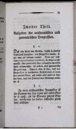 Zweiter Theil. Aufgaben der arithmetischen und geometrischen Progression.
