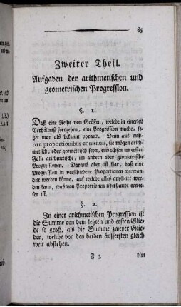 Zweiter Theil. Aufgaben der arithmetischen und geometrischen Progression.