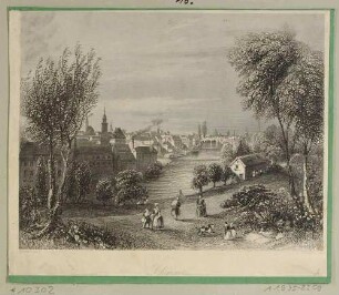 Stadtansicht von Chemnitz von Norden über den Chemnitz-Fluss, aus Payne’s Universum (1840er Jahre)